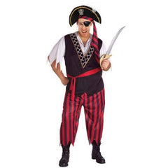 Plundering Pirate Man includes black/red pants, black vest with skll and crossbones trim, white shirt plus head sash.