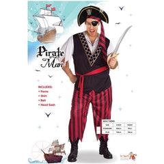 Plundering Pirate Man includes black/red pants, black vest with skll and crossbones trim, white shirt plus head sash.
