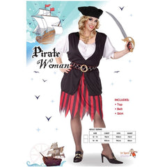 Plundering Pirate Woman, top in black and white, skirt red and black stripe and skull and crossbones belt.
