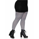 Plus size striped tights in classic black and white, offering a bold, comfortable fit. Ideal for Halloween, costume themes, or whimsical fashion looks. Also available in assorted colours.