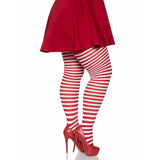 Side view of red and white striped plus size tights, showcasing the bright, alternating vertical stripes and snug, stretchy fit—perfect for festive or costume wear.