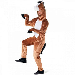Plush brown horse costume jumpsuit with padded horse head – adult size
