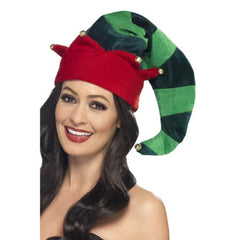 Plush Elf Hat - Green, in two tone green with red band trimmed with jingle bells.