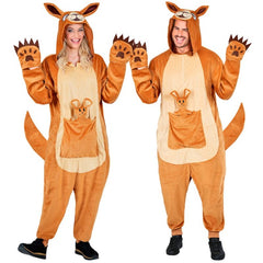 Adults wearing plush kangaroo onesie costumes with hood, tail, and baby kangaroo pouch detail