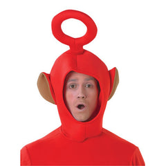 Po Teletubbies Deluxe Costume - Adult, red onesie with attached gloves and boot covers, seperate hood, one size fits most.