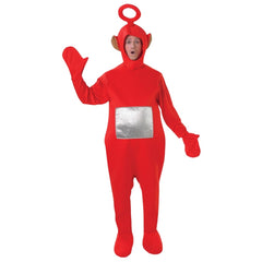 Po Teletubbies Deluxe Costume - Adult, red onesie with attached gloves and boot covers, seperate hood, one size fits most.