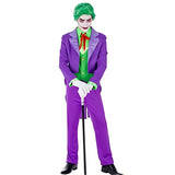 Front view of Poker Villain Costume featuring a purple tailcoat, matching pants, green shirt with attached vest, and a red bow tie for a bold, villainous style.