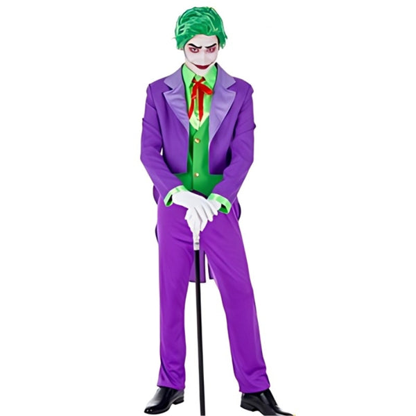 Front view of Poker Villain Costume featuring a purple tailcoat, matching pants, green shirt with attached vest, and a red bow tie for a bold, villainous style.