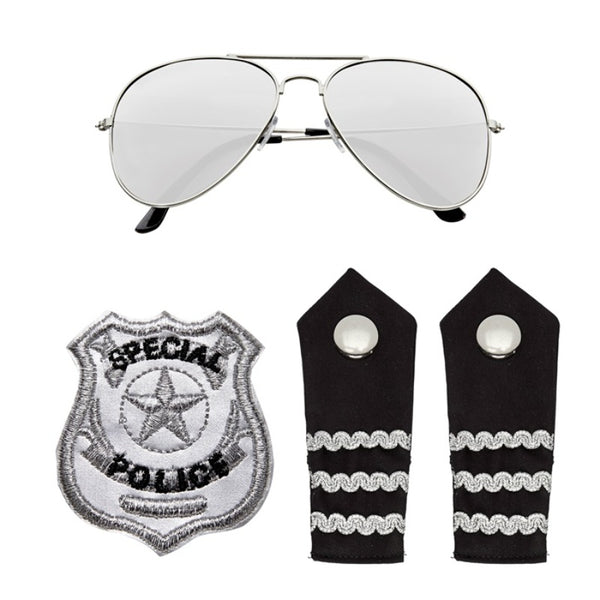 Police accessory kit with aviator glasses badge and epaulettes