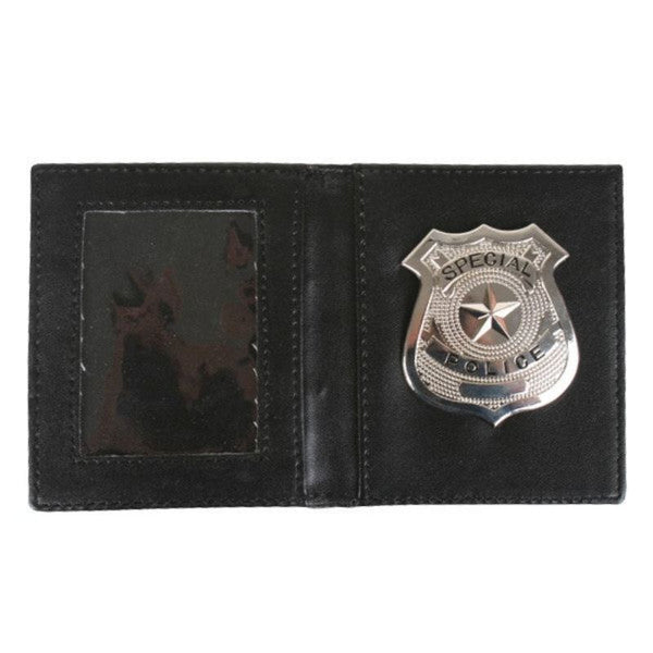 Realistic police badge in black wallet for costumes and role-play
