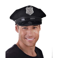 Black police cap with silver badge, USA-style, adult-size costume hat for Halloween or cosplay