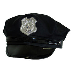 Black police cap with silver badge, USA-style, adult-size costume hat for Halloween or cosplay