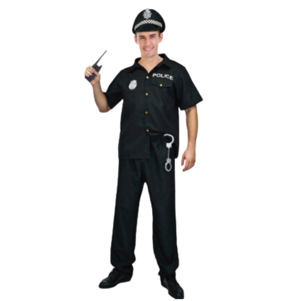 Adult police man costume with shirt, hat, and toy handcuffs