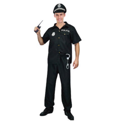 Adult police man costume with shirt, hat, and toy handcuffs