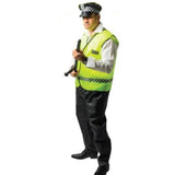 Police man costume from Fun Kiwi, yellow vest with check trim and trousers and police cap.
