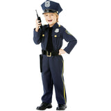 Police officer boys costume, navy pants and shirt with logos, hat, and walkie talkie.