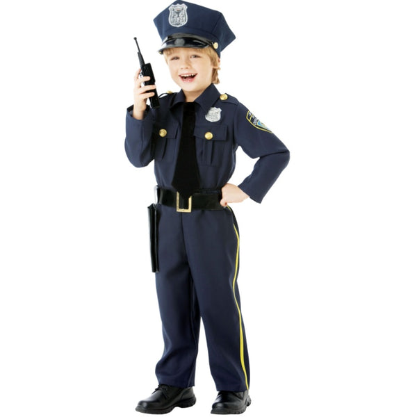 Police officer boys costume, navy pants and shirt with logos, hat, and walkie talkie.