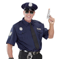 Male police officer costume set with navy shirt, tie, and matching hat.