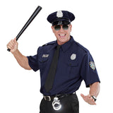 Male police officer costume set with navy shirt, tie, and matching hat.