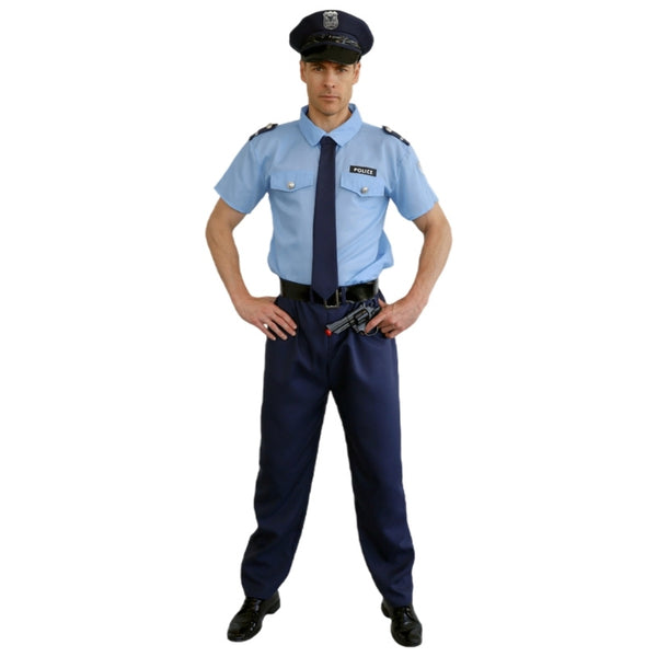 A man modeling a police officer costume set consisting of a light blue short-sleeve shirt, navy blue trousers, a dark navy tie, a navy blue cap, and a toy gun accessory, against a plain white background.