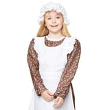 Close up of Poor Girl Colonial Costume, floral print bodice, brown long skirt attached white apron and bonnet.