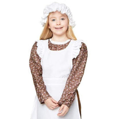 Poor girl colonial costume with floral dress, brown skirt, apron and bonnet – child Book Week outfit