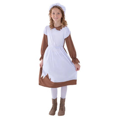 Poor Victorian Girls Costume - Brown & White, dress and hat.