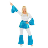 Women's 70s pop disco dancer costume with flared sleeves and pants