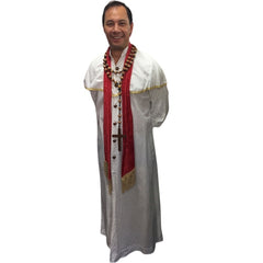 Pope hire costume, white long robe with attached cape with gold trim, cross necklace.