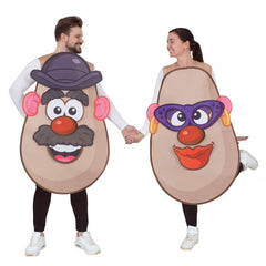 Front view of male and female wearing the Potatohead unisex adult costume, each featuring a single tunic with a cartoonish potato face design