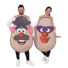 Front view of male and female wearing the Potatohead unisex adult costume, each featuring a single tunic with a cartoonish potato face design