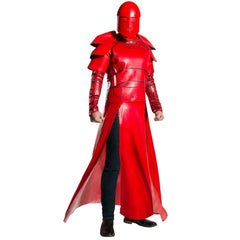 Adult wearing an officially licensed Star Wars Praetorian Guard deluxe costume with crimson robe and two-piece helmet
