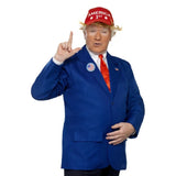 President Adult Costume - Blue & Red, blue jacket, red tie, red hat and usa pin badge.