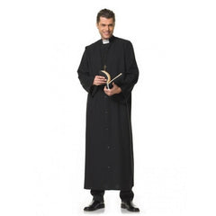 Priest costume with black robe and cross accessory for hire in Brisbane
