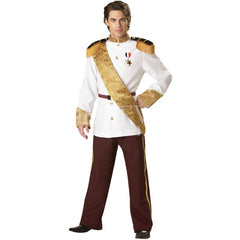 Prince charming hire, mens white jacket, fringed epaulets with gold trim, maroon pants, sash and medals.