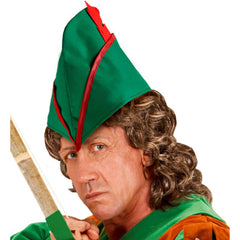 Green Prince of Thieves hat with red feather, Robin Hood costume accessory