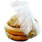 Prince Turban w/Feather & Beads, shiny gold fabric, adult size.