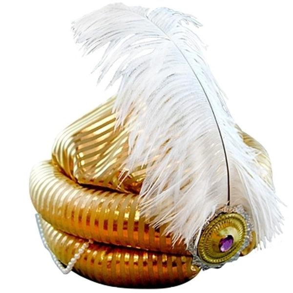 Prince Turban w/Feather & Beads, shiny gold fabric, adult size.