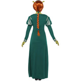 Back view of the Shrek Fiona Costume, showcasing the long green dress with gold trim, the long plaited wig, and the headband, highlighting the costume's flowing design and elegant look.