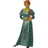 Front view of the Shrek Fiona Costume, featuring the long green dress with gold trim and green satin front panel with intricate design, paired with a long plaited wig and headband, capturing the iconic princess look.