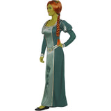 Side view of the Shrek Fiona Costume, displaying the long green dress with gold trim, long plaited wig, and headband, highlighting the costume's detailed design and silhouette.