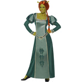 Front view of the Shrek Fiona Costume, showcasing a long green dress with gold trim, a long plaited wig, and a headband, capturing the iconic look of Princess Fiona from the Shrek franchise.