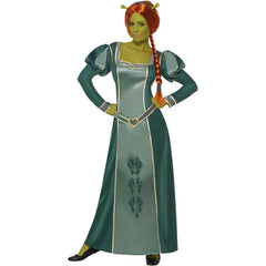 Front view of the Shrek Fiona Costume, showcasing a long green dress with gold trim, a long plaited wig, and a headband, capturing the iconic look of Princess Fiona from the Shrek franchise.
