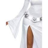 princess leia costume for adults with high split over one leg plus belt.