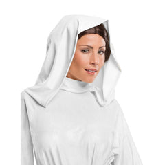 Princess Leia costume with hooded white dress and wig

