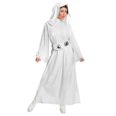 Princess Leia costume with hooded white dress and wig
