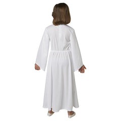 Child wearing an officially licensed Princess Leia Deluxe Star Wars costume with white dress and iconic bun headpiece, ideal for Book Week and Halloween.