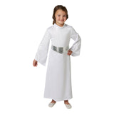 Child wearing an officially licensed Princess Leia Deluxe Star Wars costume with white dress and iconic bun headpiece, ideal for Book Week and Halloween.