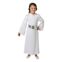 Child wearing an officially licensed Princess Leia Deluxe Star Wars costume with white dress and iconic bun headpiece, ideal for Book Week and Halloween.