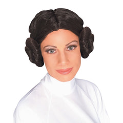 Official Princess Leia adult wig with iconic brown side buns from Star Wars.